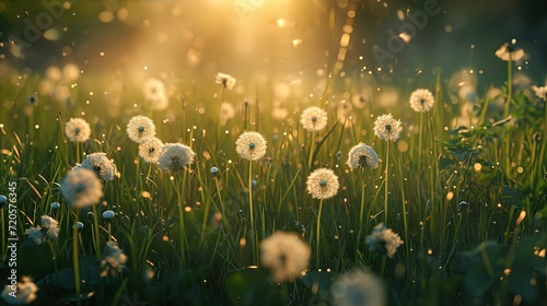 A field of dandelions captures the warm, glowing embrace of the golden hour sunlight, with floating seeds adorning the air. © Rattanathip