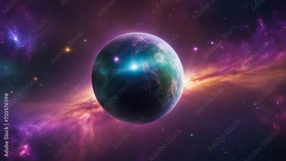 earth and sun  A spherical panorama of a space scene with a blue and green exoplanet, a purple and pink nebula,  
