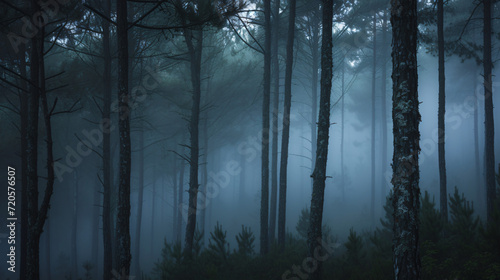 A foggy forest at dawn with mist weaving between the trees creating a mysterious atmosphere.