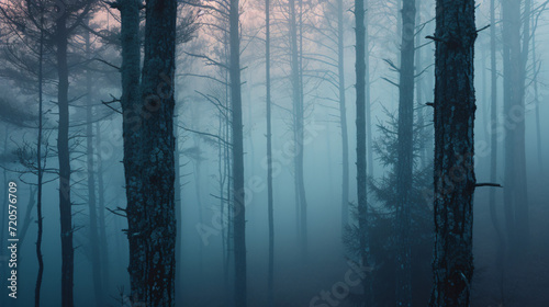 A foggy forest at dawn with mist weaving between the trees creating a mysterious atmosphere.