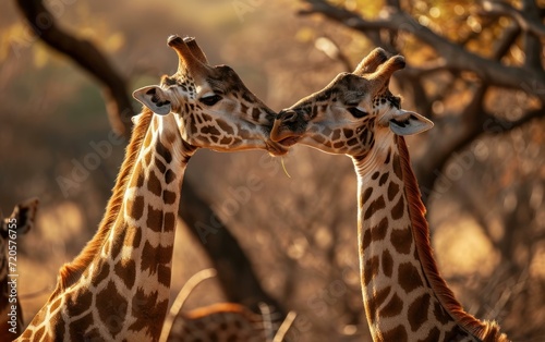 Close up shot of a giraffe pair engaged in a friendly necking
