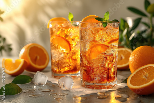 Orange bitter Spritz cocktails with orange garnish and ice cubes served in lemonade glasses