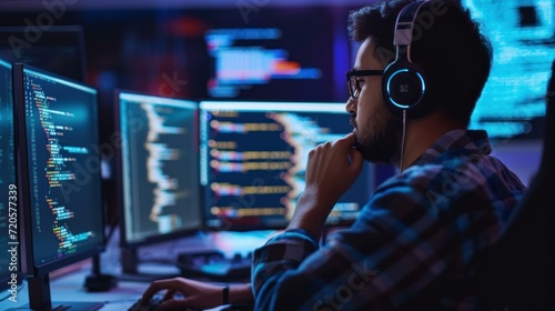 coder engrossed in work surrounded by screens displaying lines of code