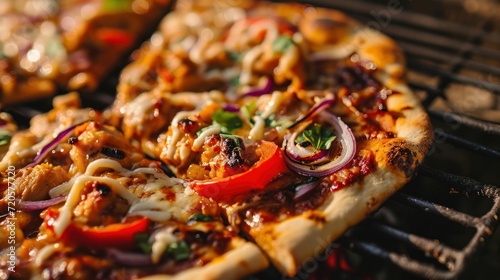 BBQ chicken pizza on a grill backdrop