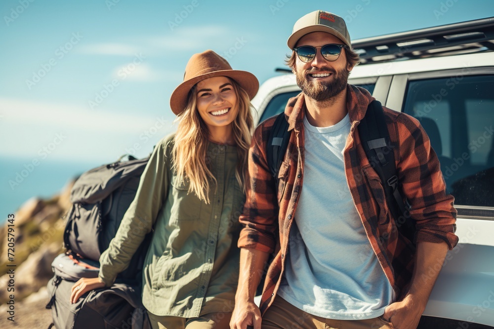 Adventure-bound couple ready for a hike with their SUV