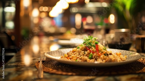 Fried Rice Platter against a chinese restaurant background