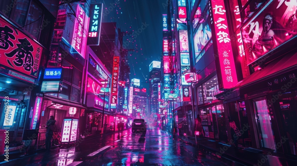 A cyberpunk cityscape, bathed in neon lights and towering skyscrapers.