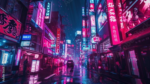 A cyberpunk cityscape  bathed in neon lights and towering skyscrapers.