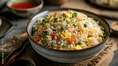 Egg Fried Rice against a traditional Chinese house