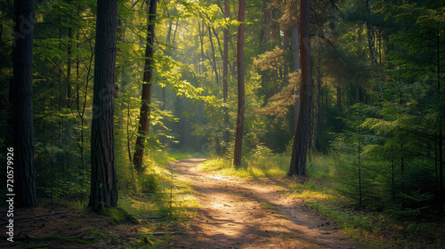 A forest with a path winding through surrounded by tall trees and dappled sunlight. © Lucas