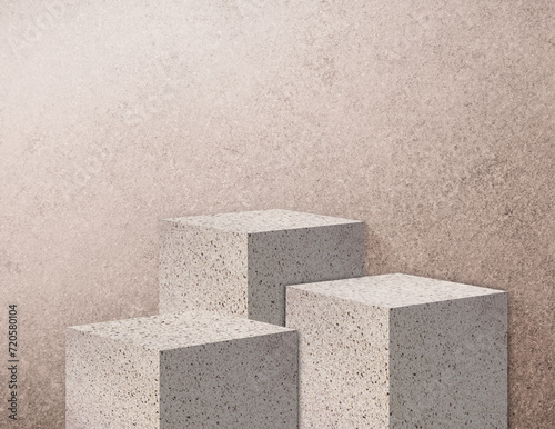 beige terrazzo stone podiums for product presentation mock up, stone stgae for showing cosmetic product displayed with brown grainy concrete wall as background, light from above.