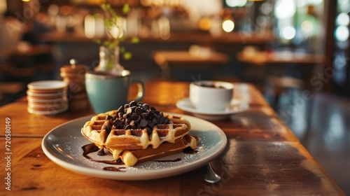 Chocolate Chip Waffles against a modern cafe setting