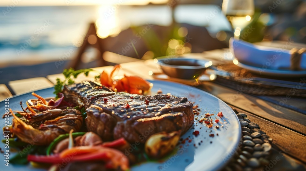 Surf and Turf Steak Plate against a seaside terrace