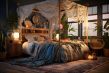 eclectic bedroom with a bohemian canopy bed