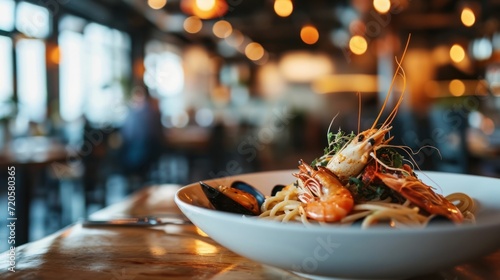 Seafood Spaghetti against a modern seafood restaurant interior