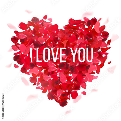 Heart arranged from red rose petals on white romantic vector card. Heart wedding celebration design. Love wreath.