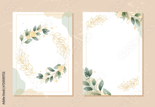 Elegant wedding invitation card template with leaves and flowers gold watercolor