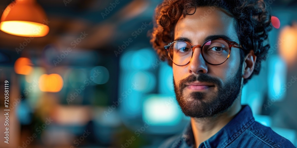 Focused expression of a confident entrepreneur using AI tools for e-commerce Focused expression of a confident entrepreneur using AI tools for e-commerce