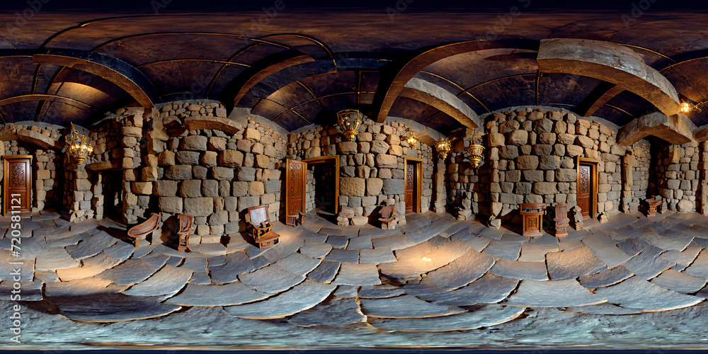 equirectangular panorama 360 degrees ancient vampire castle big blocks - obrazy, fototapety, plakaty 