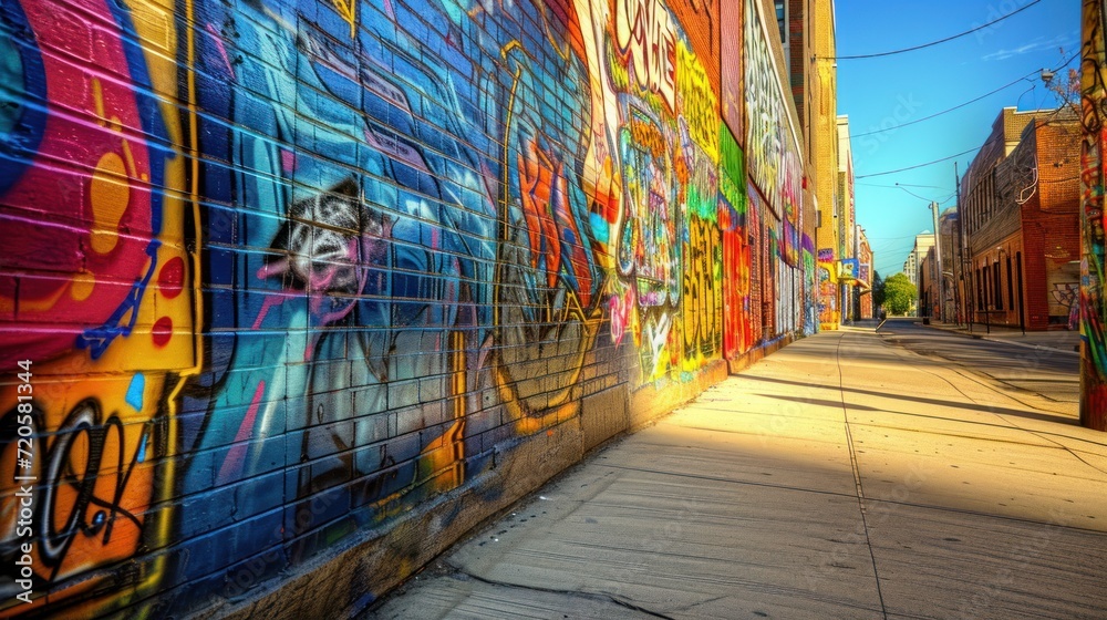 Bright graffiti that stretches along the wall. Dynamic visual storytelling in a vibrant cityscape. Bright graffiti that stretches along the wall. Dynamic visual storytelling in a vibrant cityscape.