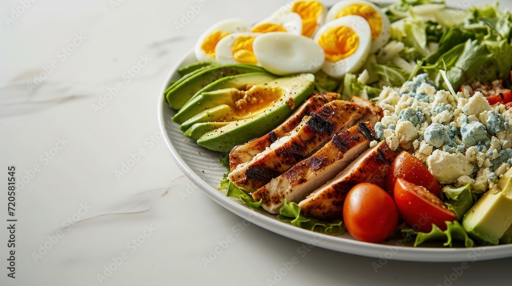 Side view of a Cobb Salad Plate against a spotless white backdrop Side view of a Cobb Salad Plate against a spotless white backdrop
