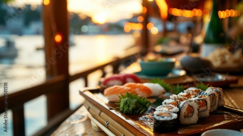 Sushi Boat against a waterfront terrace