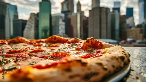 New York style pizza against a city skyline