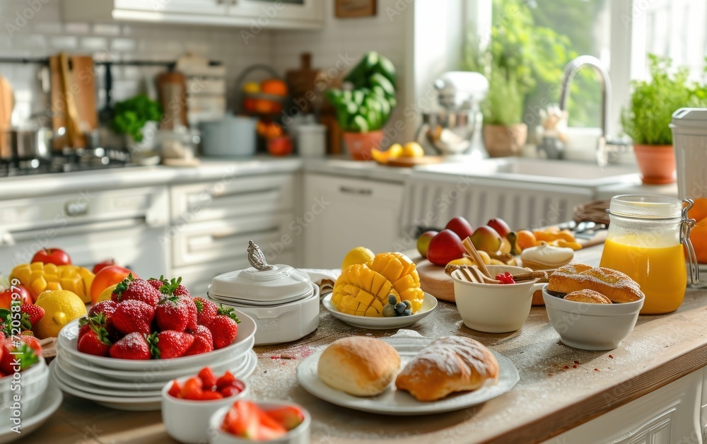 Bright kitchen scene with a breakfast spread featuring fresh fruits and pastries Bright kitchen scene with a breakfast spread featuring fresh fruits and pastries