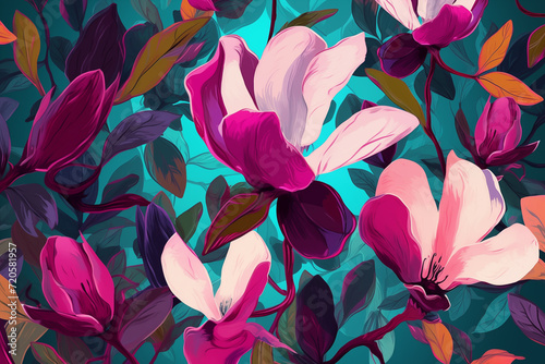 Vibrant floral botanical pattern with magnolia flowers. Floral background, Spring concept