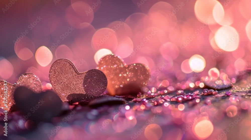 Twinkling Delicate Heart Shapes Adorned with Subtle Glitter and Surrounded by Bokeh effect