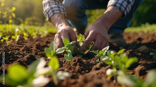 Shot of a farmer delicately planting young plant in rows