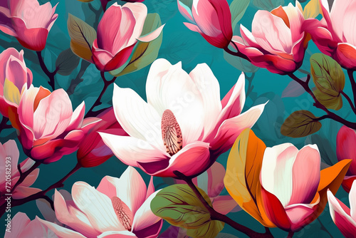 Vibrant floral botanical pattern with magnolia flowers. Floral background, Spring concept