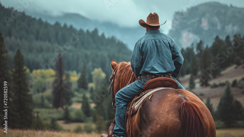 A person riding a horse and wearing a cowboy hat  photo
