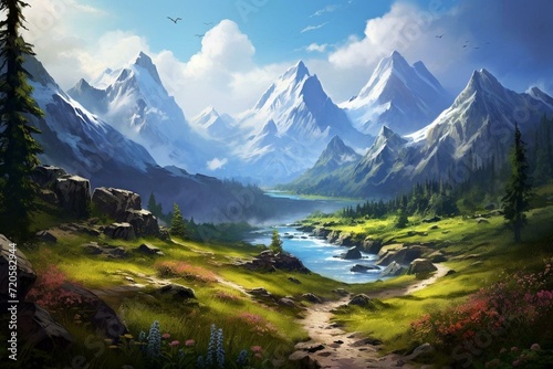 A stunning mountain range with a serene lake and lush vegetation lining the path. Generative AI © Gabriela