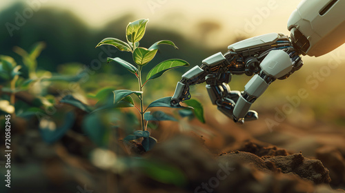an robot is planting tree with a hand in the soil