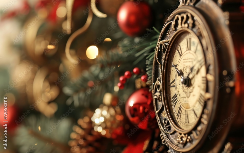 Closeup of an antique clock with festive decorations