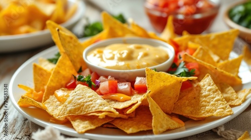 Nachos and Cheese Dip Platter on a white table