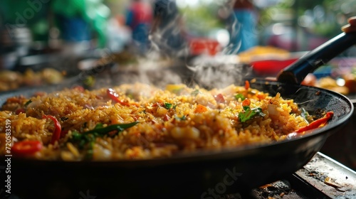 Spicy Fried Rice against a bustling outdoor food stall