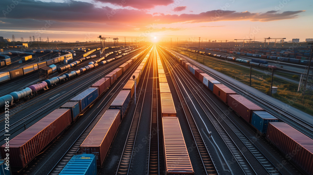railway track with a string of container trains, highlighting the ...