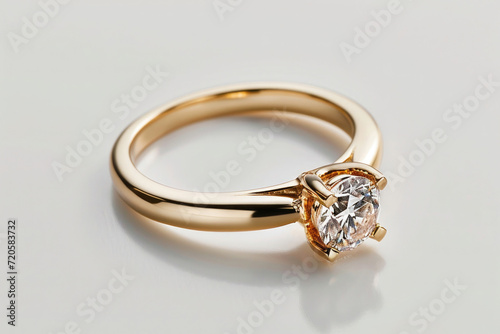 gold engagement ring with diamond gemstone, on white background