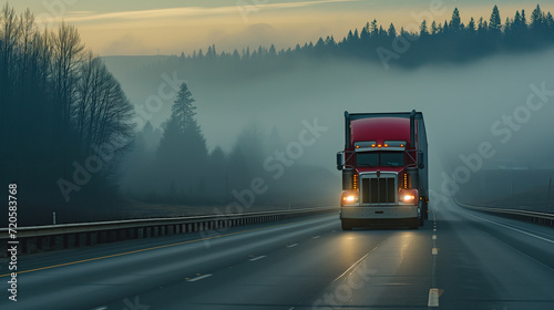 A freight truck races down the highway, ensuring punctual delivery of valuable cargo, symbolizing the commitment to timely and reliable transportation photo
