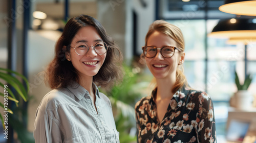 Two cheerful colleagues and friends share a moment of camaraderie in a contemporary office setting