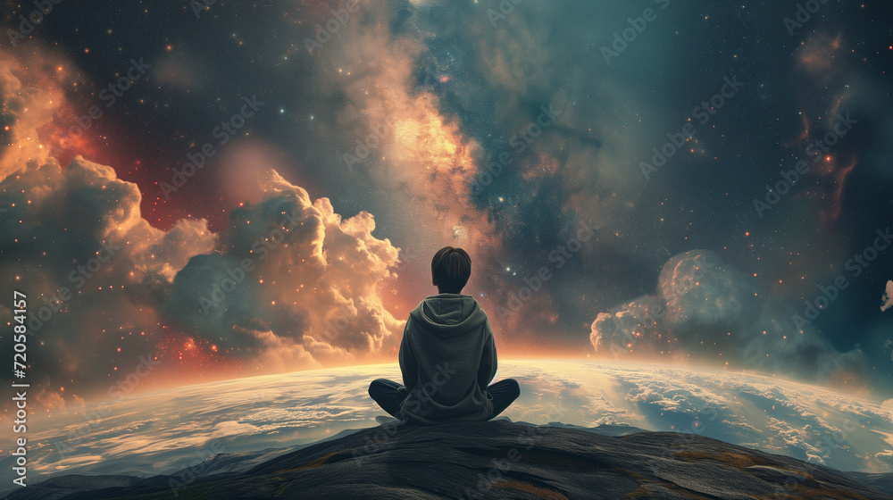 A man or woman meditate in the center of the universe, surrounded by cosmic energy and infinite space, symbolizing inner peace and spiritual connection A man or woman meditate in the center of the universe, surrounded by cosmic energy and infinite space, symbolizing inner peace and spiritual connection
