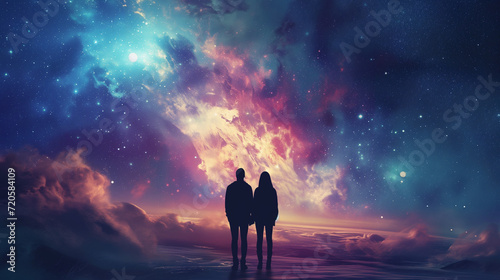 A couple stands in the center of the universe, holding hands as if time pauses in their embrace. In this moment of love, the entire cosmos seems small