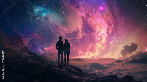 A couple stands in the center of the universe, holding hands as if time pauses in their embrace. In this moment of love, the entire cosmos seems small