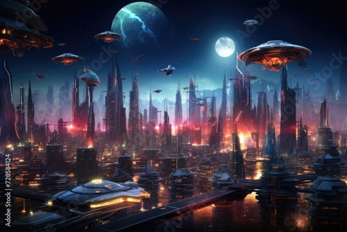 Futuristic city at night with skyscrapers and high-rise buildings, Spectacular nighttime in a cyberpunk city of the futuristic fantasy world featuring skyscrapers, flying cars, and neon, AI Generated