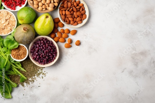 Healthy food background with nuts and fruits. Top view with copy space  Selection of healthy rich fiber sources vegan food for cooking  top view on a white stone  AI Generated
