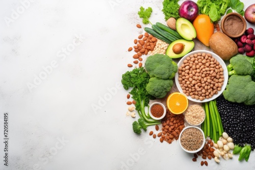 Healthy food clean eating selection  fruits  vegetables  legumes  nuts and superfoods. Balanced diet concept  Selection of healthy rich fiber sources vegan food for cooking  top view  AI Generated