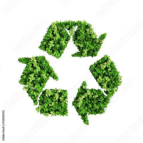 recycle symbol made of lush green leaves isolated on transparent background