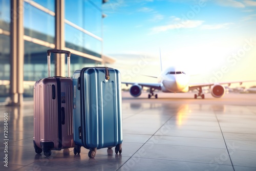 Luggage in airport terminal. Travel and vacation concept. 3D Rendering, Suitcases in the airport, Travel concept, plane flying in the background, AI Generated